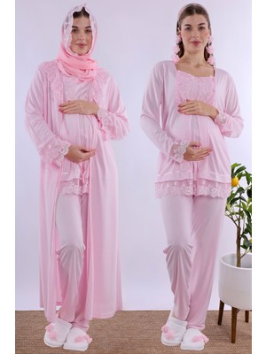 Effortt Pembe Tesettürlü Uzun Sabahlıklı Hamile Lohusa Pijama Takımı