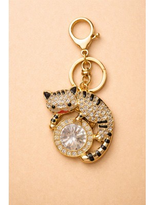 The Secret Desire Taşlı Kedi Figürlü Anahtarlık Büyük Taş Detaylı Gold Çanta Süsü