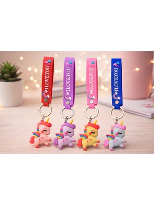 The Secret Desire Love You Yazılı Unicorn Figürlü Askılı Anahtarlık – Renkli Silikon Kayışlı Çanta ve Anahtarlık Süsü