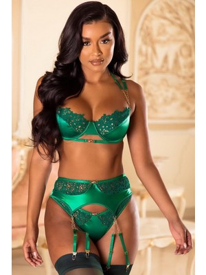 For Dreams Mavi Dantelli Saten Fantezi Jartiyer Takım