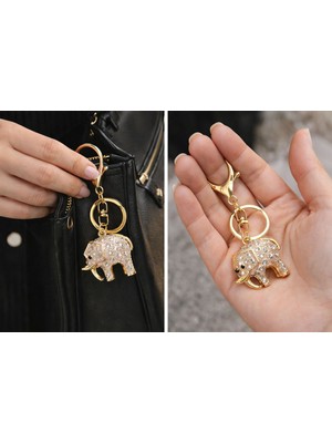 The Secret Desire Taşlı Fil Figürlü Anahtarlık Gold Renk Klipsli Çanta Aksesuarı