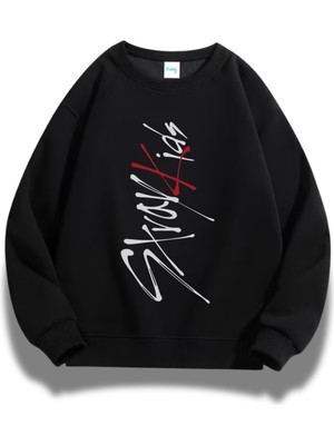 Fuddy Moda Unisex Oversize Stray Kids Dikey Baskılı Bisiklet Yaka Kapüşonsuz Sweatshirt