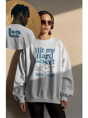 Fuddy Moda Unisex Oversize Blue Be Billie Eilish Ense Baskılı Bisiklet Yaka Kapüşonsuz Sweatshirt