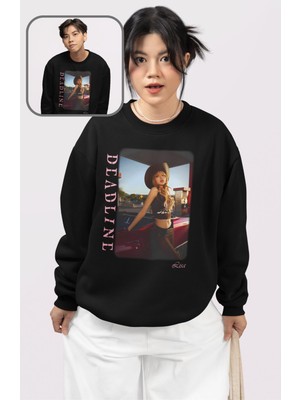 Fuddy Moda Unisex Oversize Lisa Blackpink Deadline Rose Baskılı Bisiklet Yaka Kapüşonsuz Sweatshirt