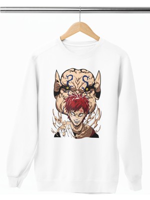 Fuddy Moda Oversize Sabaku No Gara Baskılı Kapüşonsuz Sweatshirt, Unisex Naruto Anime Bisiklet Yaka Sweat