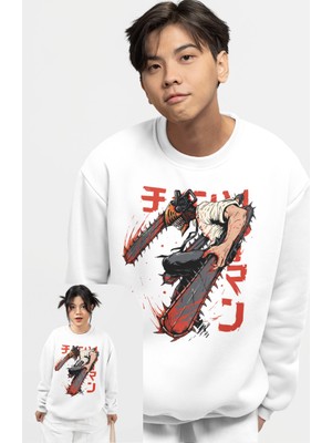 Fuddy Moda Oversize Denji Csm Baskılı Kapüşonsuz Sweatshirt, Unisex Chainsaw Man Anime Bisiklet Yaka Sweat