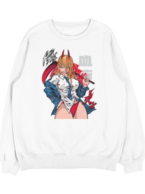 Fuddy Moda Oversize Chainsaw Man Power Baskılı Kapüşonsuz Sweatshirt, Unisex Anime Temalı Bisiklet Yaka Sweat
