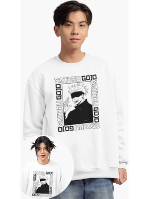Fuddy Moda Oversize Gojo Satoru Baskılı Kapüşonsuz Sweatshirt, Unisex Jujutsu Kaisen Anime Temalı Sweat