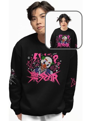 Fuddy Moda Unisex Oversize Stray Kids Rockstar Kol Baskılı Bisiklet Yaka Kapüşonsuz Sweatshirt