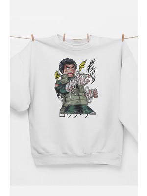 Fuddy Moda Oversize Naruto Rock Lee Baskılı Kapüşonsuz Sweatshirt, Unisex Anime Temalı Bisiklet Yaka Sweat