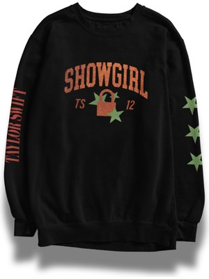 Fuddy Moda Unisex Oversize Taylor Swift Showgirl Kol Baskılı Bisiklet Yaka Kapüşonsuz Sweatshirt