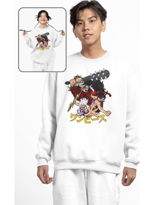 Fuddy Moda Oversize Luffy Ace Kaido Baskılı Kapüşonsuz Sweatshirt, Unisex One Piece Anime Temalı Sweat