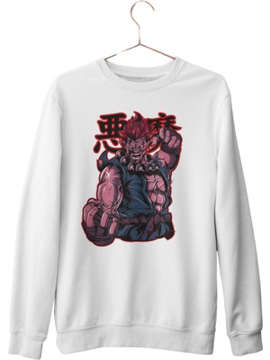 Fuddy Moda Oversize Akuma Kanji Baskılı Kapüşonsuz Sweatshirt, Unisex Street Fighter Bisiklet Yaka Sweat