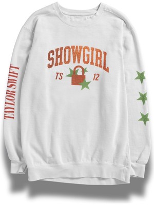 Fuddy Moda Unisex Oversize Taylor Swift Showgirl Kol Baskılı Bisiklet Yaka Kapüşonsuz Sweatshirt