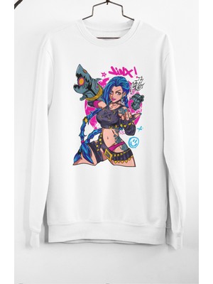 Fuddy Moda Oversize L O L Karakter Jinx Baskılı Kapüşonsuz Sweatshirt, Unisex Oyun Temalı Bisiklet Yaka Sweat