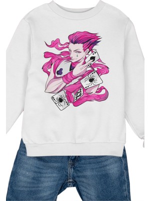 Fuddy Moda Oversize Hisoka Baskılı Kapüşonsuz Sweatshirt, Unisex Hunter x Hunter Anime Bisiklet Yaka Sweat