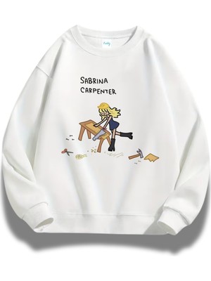 Fuddy Moda Unisex Oversize Sabrina Carpenter Cartoon Style Baskılı Bisiklet Yaka Kapüşonsuz Sweatshirt