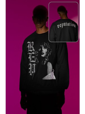 Fuddy Moda Unisex Oversize Reputation Taylor Swift Ense Baskılı Bisiklet Yaka Kapüşonsuz Sweatshirt