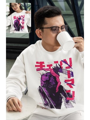 Fuddy Moda Oversize Chainsaw Man Baskılı Kapüşonsuz Sweatshirt, Unisex Csm Anime Temalı Bisiklet Yaka Sweat