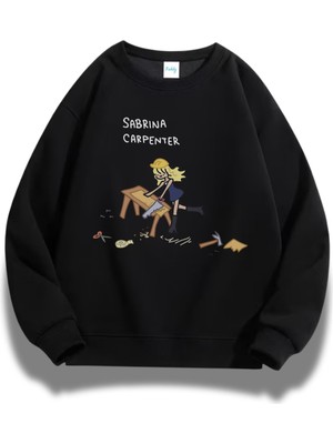 Fuddy Moda Unisex Oversize Sabrina Carpenter Cartoon Style Baskılı Bisiklet Yaka Kapüşonsuz Sweatshirt