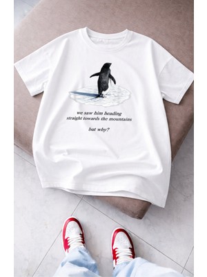 Fuddy Moda Unisex But Why Yalnız Penguen Baskılı Tişört,oversize Nihilist Penguin Temalı Bisiklet Yaka T-Shirt