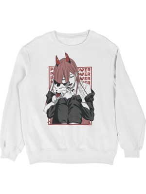 Fuddy Moda Oversize Power Yazılı Kapüşonsuz Sweatshirt, Unisex Chainsaw Man Anime Temalı Bisiklet Yaka Sweat