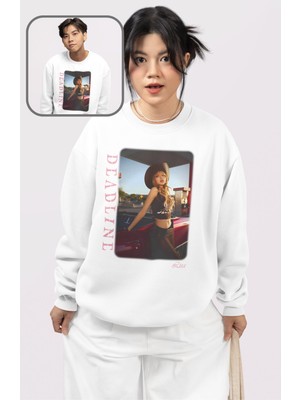 Fuddy Moda Unisex Oversize Lisa Blackpink Deadline Rose Baskılı Bisiklet Yaka Kapüşonsuz Sweatshirt