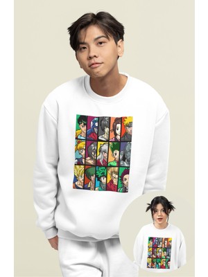 Fuddy Moda Oversize Animeler Baskılı Kapüşonsuz Sweatshirt, Unisex Anime Temalı Bisiklet Yaka Sweat