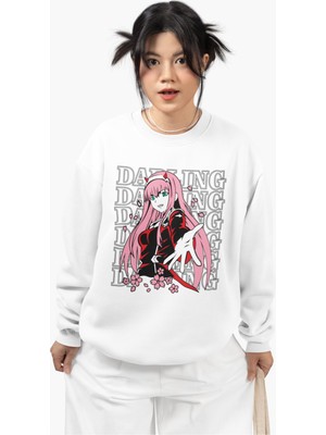 Fuddy Moda Oversize Zero Two Darling Baskılı Kapüşonsuz Sweatshirt, Unisex Anime Temalı Bisiklet Yaka Sweat