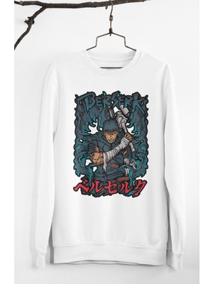 Fuddy Moda Oversize Berserk Guts Baskılı Kapüşonsuz Sweatshirt, Unisex Anime Temalı Bisiklet Yaka Sweat