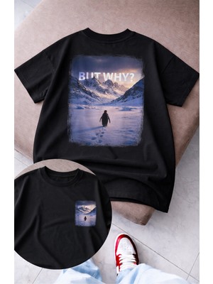 Fuddy Moda Unisex But Why Yalnız Penguen Sırt Baskılı Tişört, Oversize Nihilist Penguen Temalı Tshirt