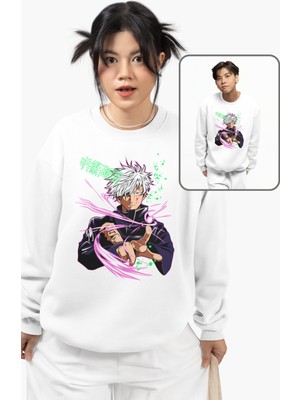 Fuddy Moda Oversize Yazılı Gojo Baskılı Kapüşonsuz Sweatshirt, Unisex Jjk Anime Baskılı Bisiklet Yaka Sweat
