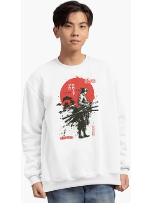 Fuddy Moda Oversize Samurai Roronoa Zoro Baskılı Kapüşonsuz Sweatshirt, Unisex One Piece Anime Temalı Sweat