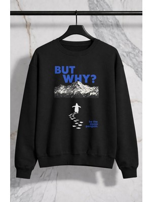 Fuddy Moda Oversize Unisex But Why Nihilist Yalnız Penguen Baskılı Bisiklet Yaka Kapüşonsuz Sweatshirt