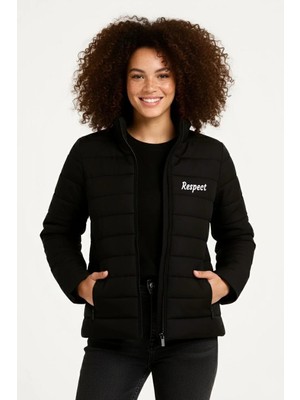 Kadın Mikro Su Itici Kapitone Baskılı Astarlı Fermuarlı Bomber Mont - Siyah