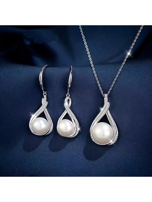 Trend, Zirkon Taş Işlemeli, Beyaz Inci,  Gümüş  Takı Seti, Ahşap Kutu Içerisinde