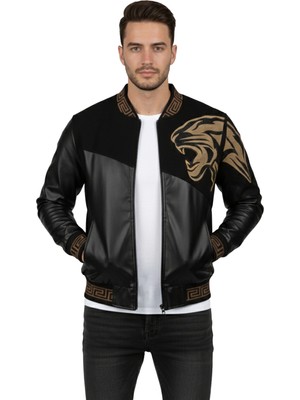 Deepsea Siyah Dar Kesim Erkek Suni Deri Ceket / Mont – Baskılı Taş Işlemeli Kolej Yaka & Ribanalı 2600395