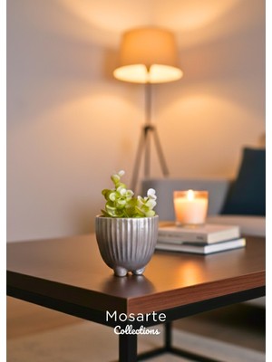 Mosarte Yivli Tasarım Yuvarlak Mini Alçı Vazo / Dekoratif Obje