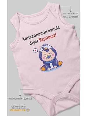 Morivo Kids Anneannemin Evinde Diyet Yapılmaz! Baskılı Bebek Zıbını – Çıtçıtlı Body | %100 Pamuk Sıfır Kol