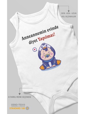 Morivo Kids Anneannemin Evinde Diyet Yapılmaz! Baskılı Bebek Zıbını – Çıtçıtlı Body | %100 Pamuk Sıfır Kol