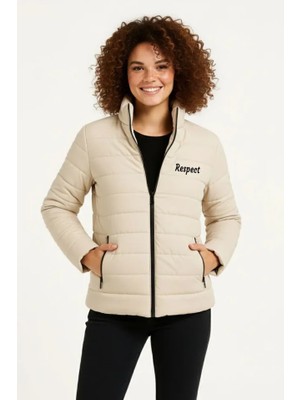 Beruflic Mikro Su Itici Kapitone Baskılı Astarlı Fermuarlı Bomber Mont - Bej