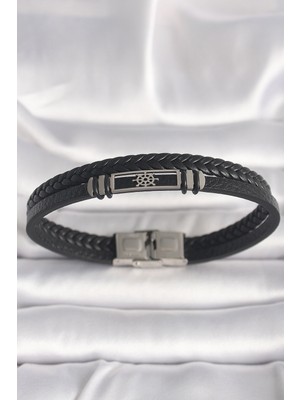 Toptan Bulurum 316L Çelik Gümüş Renk Gemi Dümeni Figür Siyah Burgu Deri Kordon Model Erkek Bileklik