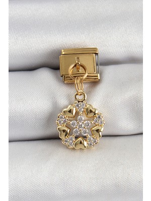 Toptan Bulurum 316L Çelik Sallantılı Zirkon Taşlı Kalp Detaylı Yıldz Model Gold Renk Nomination Charm