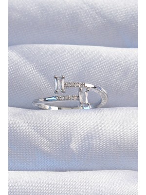 Toptan Bulurum Pirinç Gümüş Renk Zirkon Taşlı Geometrik Ayarlanabilir Yüzük