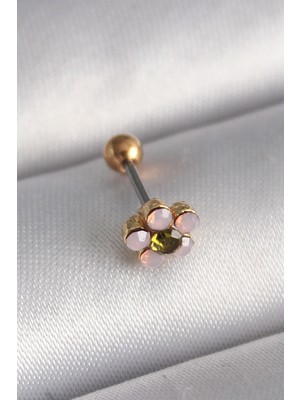 Toptan Bulurum 316L Çelik Gold Renk Zirkon Taşlı Çiçek Tragus Piercing