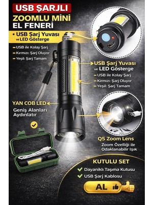 Bilfold USB Şarjlı Zoomlu Mini El Feneri Q5 Güçlü Işık Yan Cob LED Sos Mod Kutulu Taşınabilir