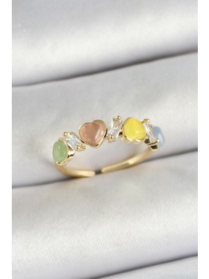 Toptan Bulurum Pirinç Sıralı Kalp Figürlü Zirkon Taşlı Gold Renk Ayarlanabilir Kadın Yüzük