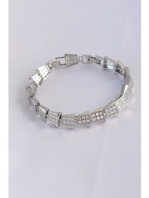 Toptan Bulurum Vip Seri Pirinç Zirkon Taşlı Gümüş Renk Geometrik Bileklik