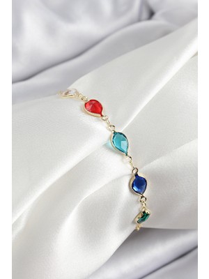 Toptan Bulurum Pirinç Gold Renk Karışık Renk Damla Zirkon Taşlı Kadın Bileklik