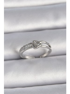 Toptan Bulurum Pirinç Gümüş Renk Ayarlanabilir Zirkon Taşlı Düğüm Kalp Model Kadın Yüzük